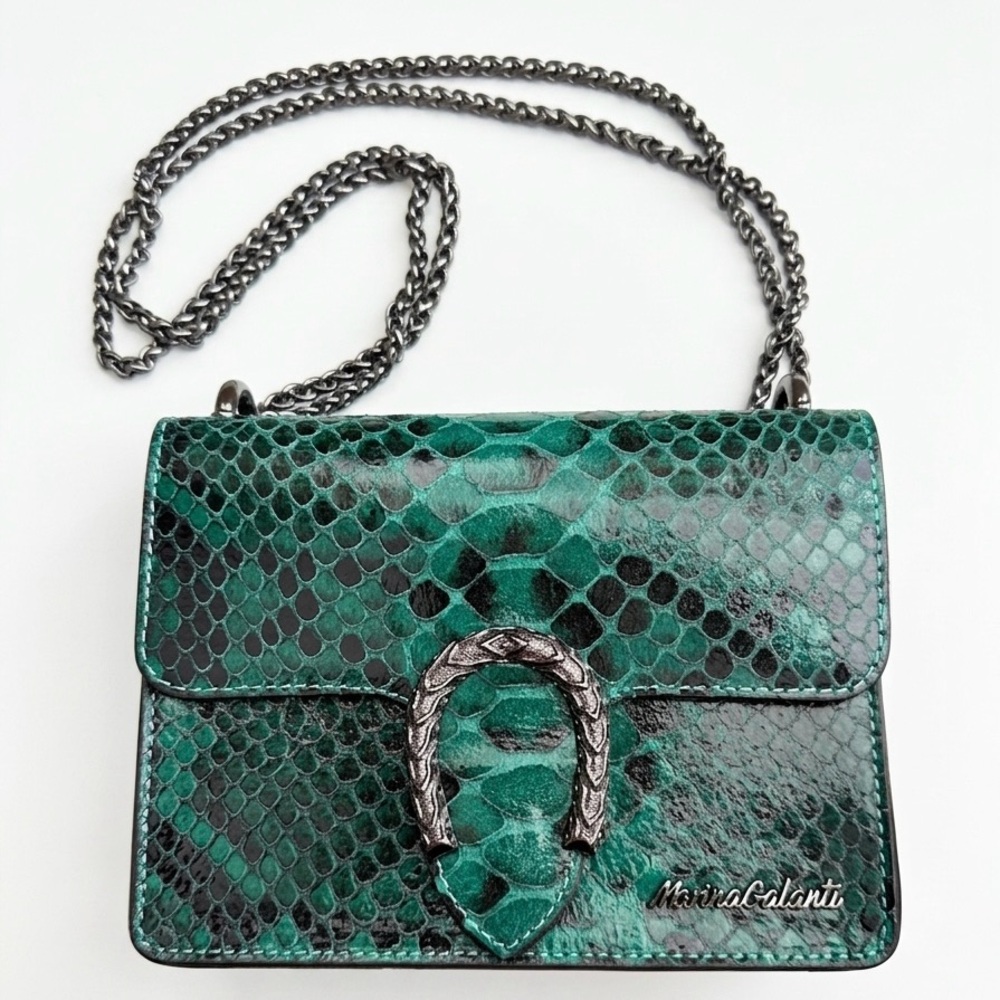 Marina Galanti Italian Leather Green Python Embossed Crossbody Bag Horseshoe